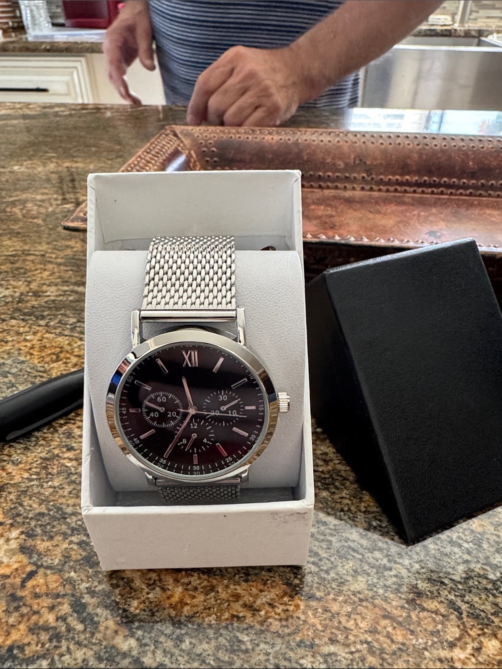 Men's Silver Mesh Strap Watch with Black Dial